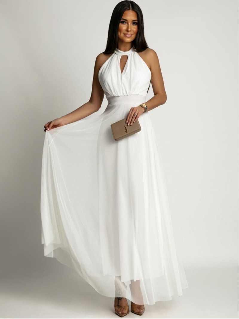 Elegant dress with a tulle bottom, white AZR156